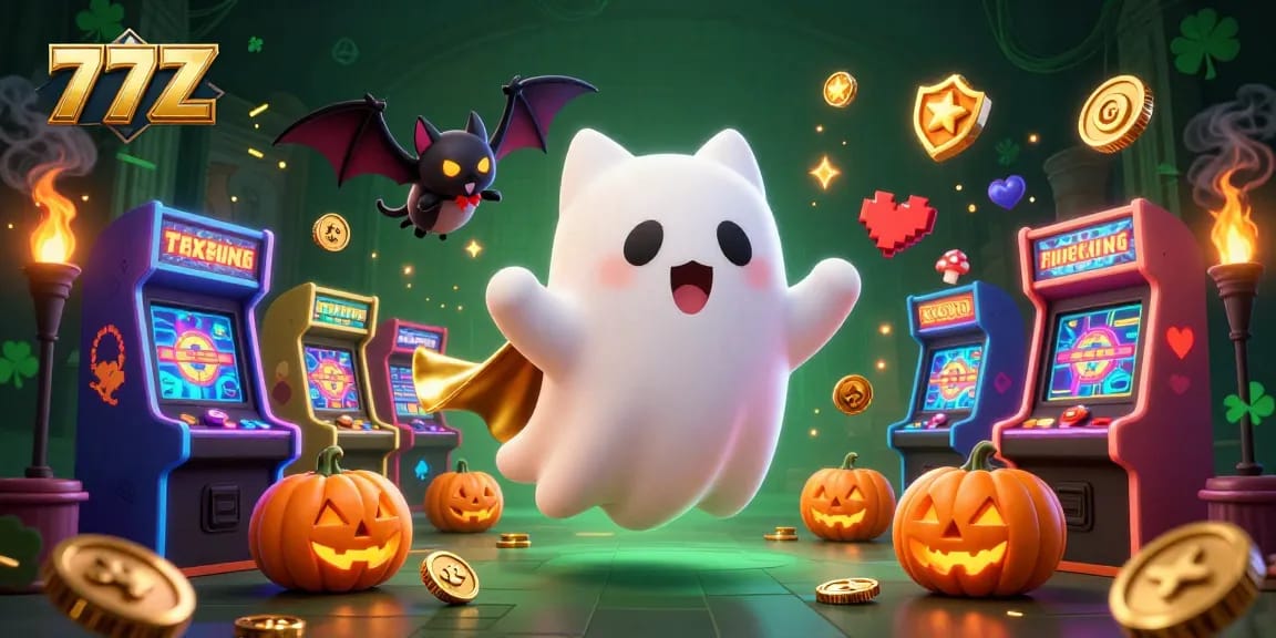 Explore o mundo 77Z com um gato fantasma e morcego vampiro no cassino assombrado.