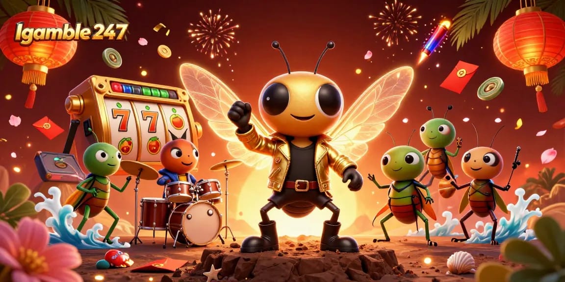 Igamble247 features a vibrant illustration of a cicada rock star with casino elements showcasing thrilling slots and jackpots.