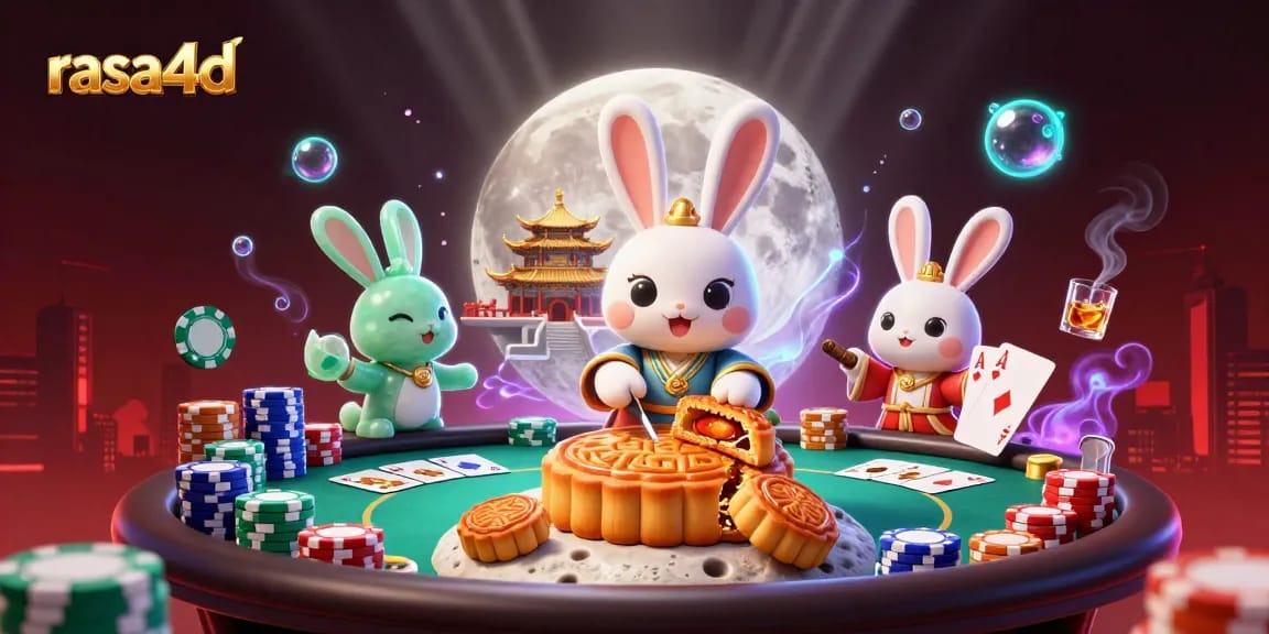 rasa4d menghadirkan ilustrasi 3D pemenang yang menggambarkan kelinci bulan dalam permainan poker yang penuh warna.