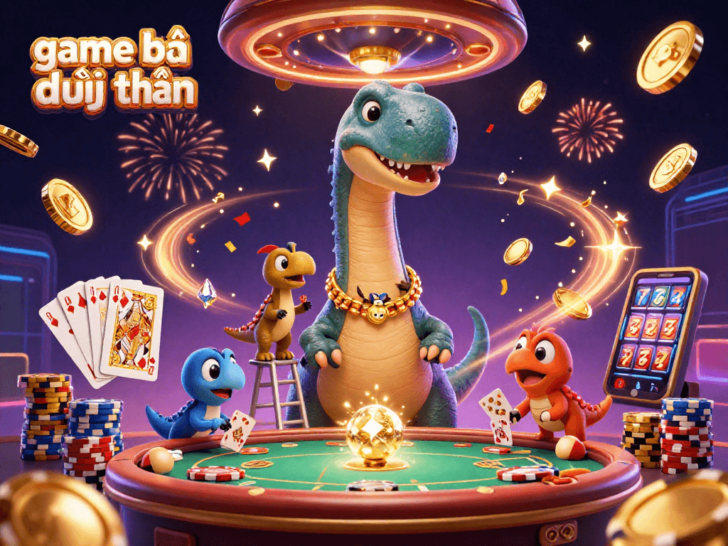 Experience game bài đổi thưởng with brontosaurus and raptor at a vibrant casino scene.