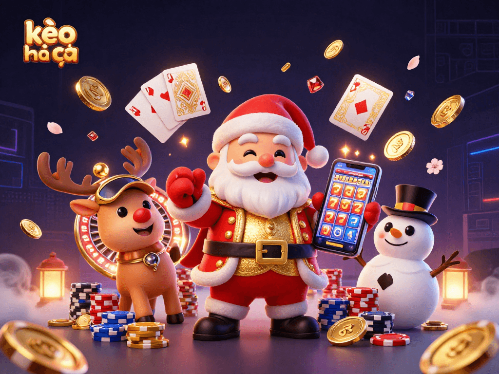 kèo nhà cái showcases Santa and friends celebrating a casino jackpot with vibrant elements.