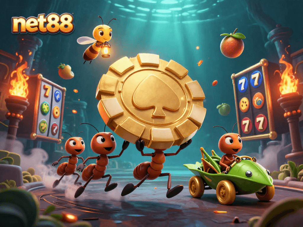 net88 showcases a dynamic 3D scene of ants heisting a golden poker chip amid slot machines and vibrant casino elements.