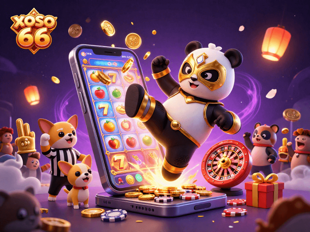 Engage with xoso 66's vibrant casino scene featuring a wrestler panda kicking amidst slot games and cheering spectators.