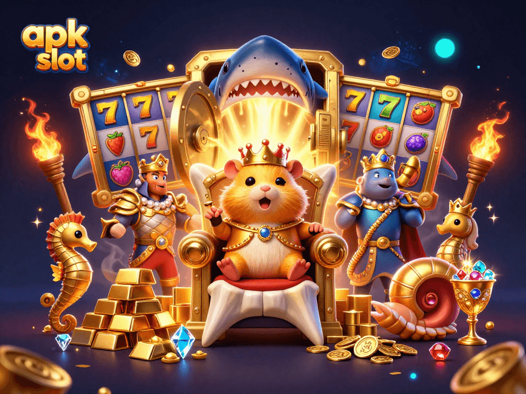 Gambar slot apk menunjukkan kemenangan besar dengan hamster emas dan karakter laut yang megah.