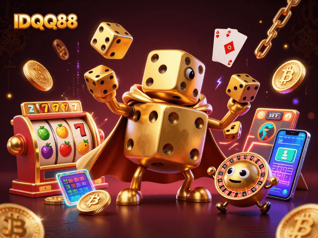 Engage in thrilling gameplay at IDQQ88's vibrant slots with golden dice characters illustrated.