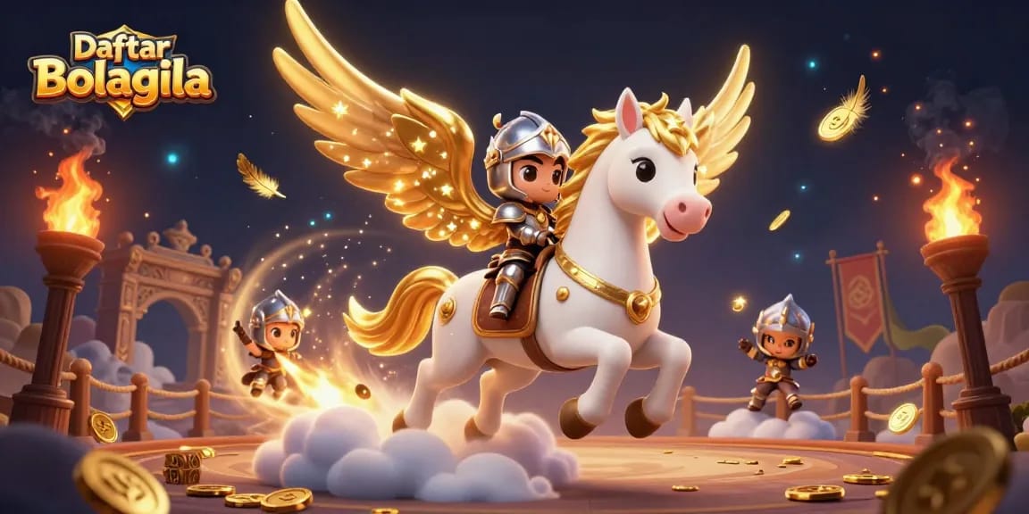Spin to win with Daftar Bolagila as a fantasy horse knight navigates a magical casino landscape.
