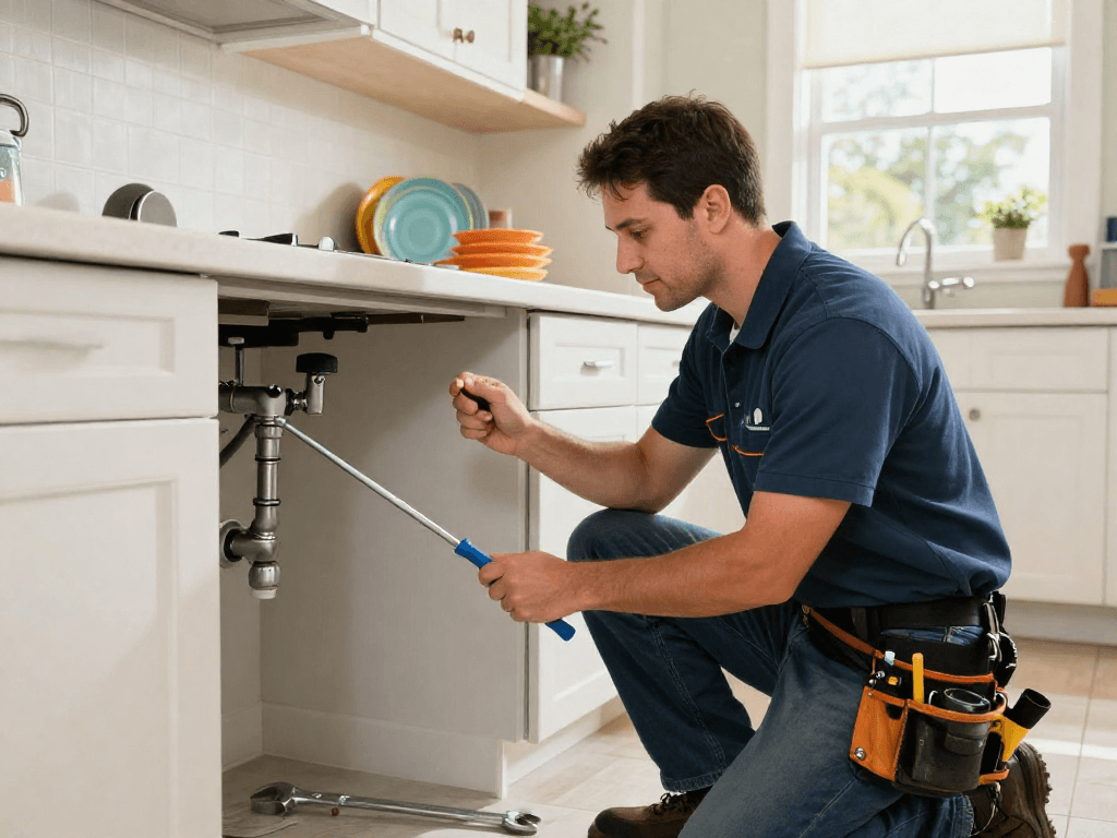 Plumber performing drain cleaning Fort Worth using a plumbing snake in a modern kitchen.
