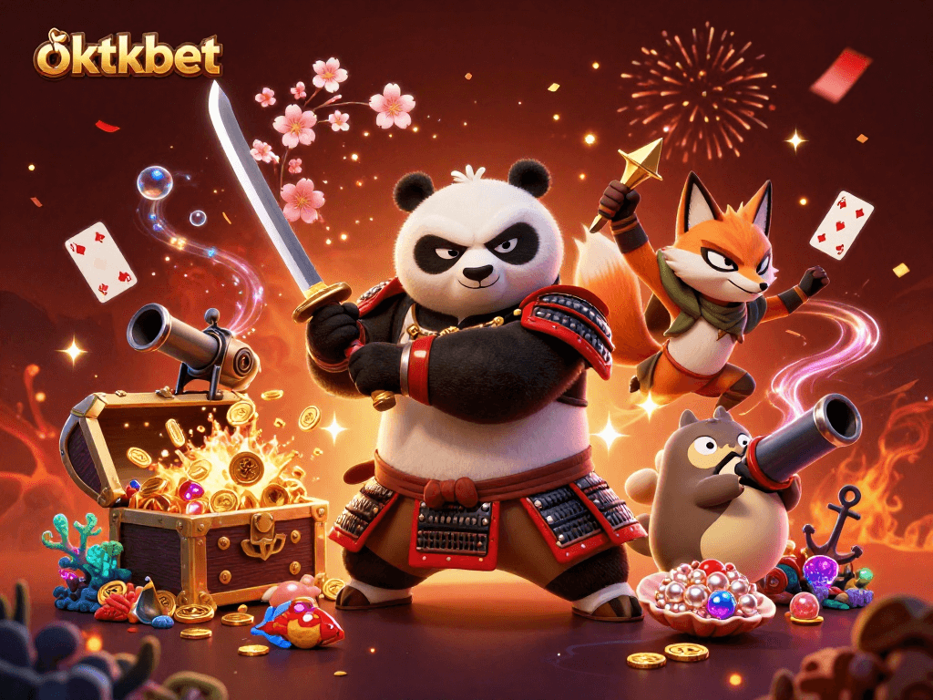 Experience the thrilling oktkbet casino energy with a dynamic 3D scene of samurai panda and ninja fox.