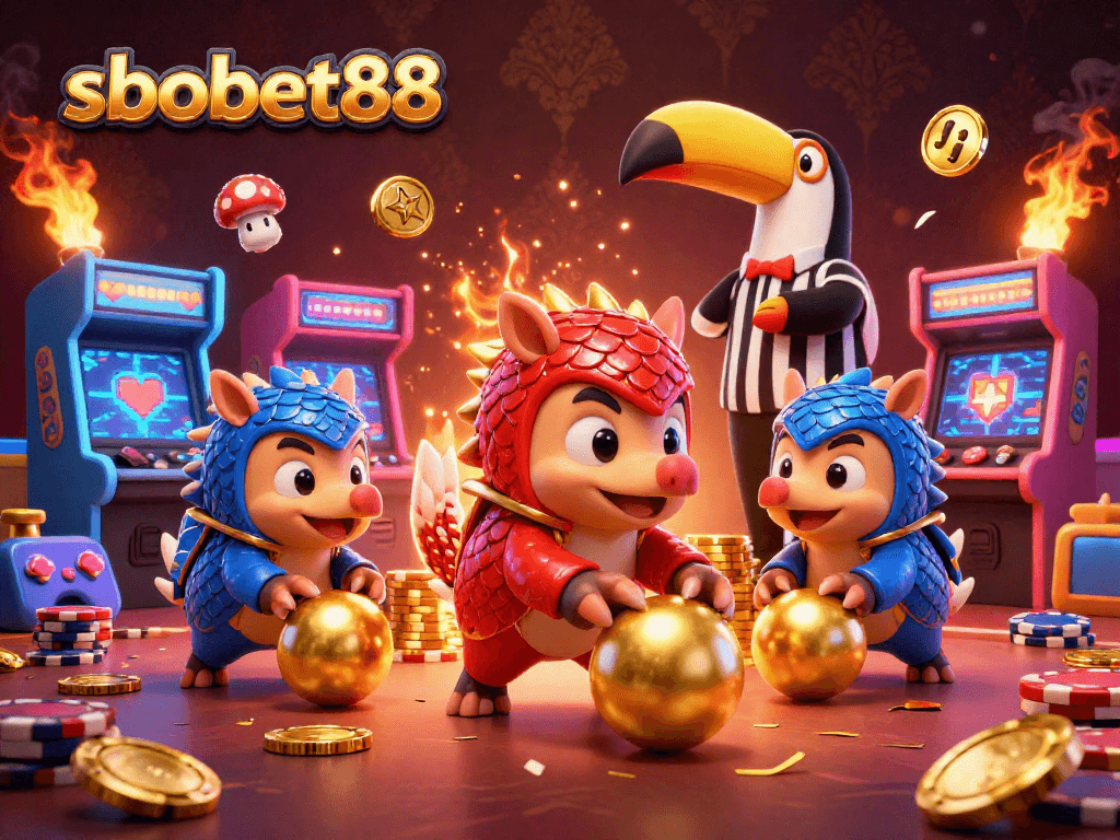 SBOBET88 pangolins in a dynamic casino scene rolling golden balls and poker chips.
