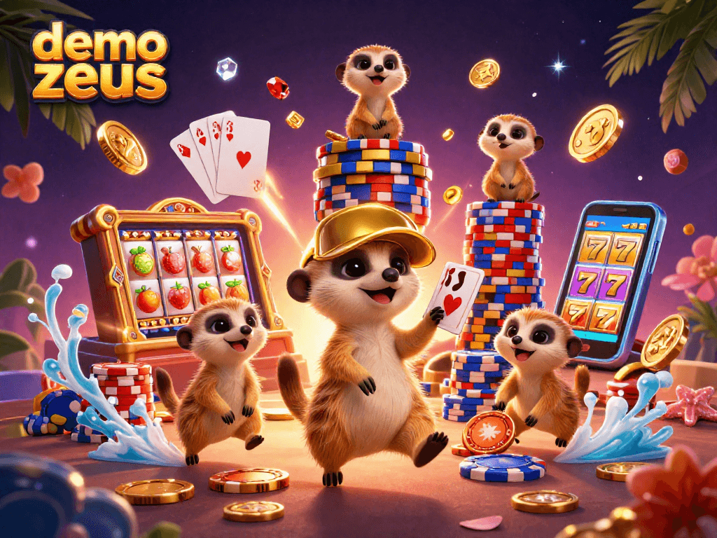 Mainkan demo zeus dengan slot online inovatif bersama koloni meerkat dalam kasino yang meriah.