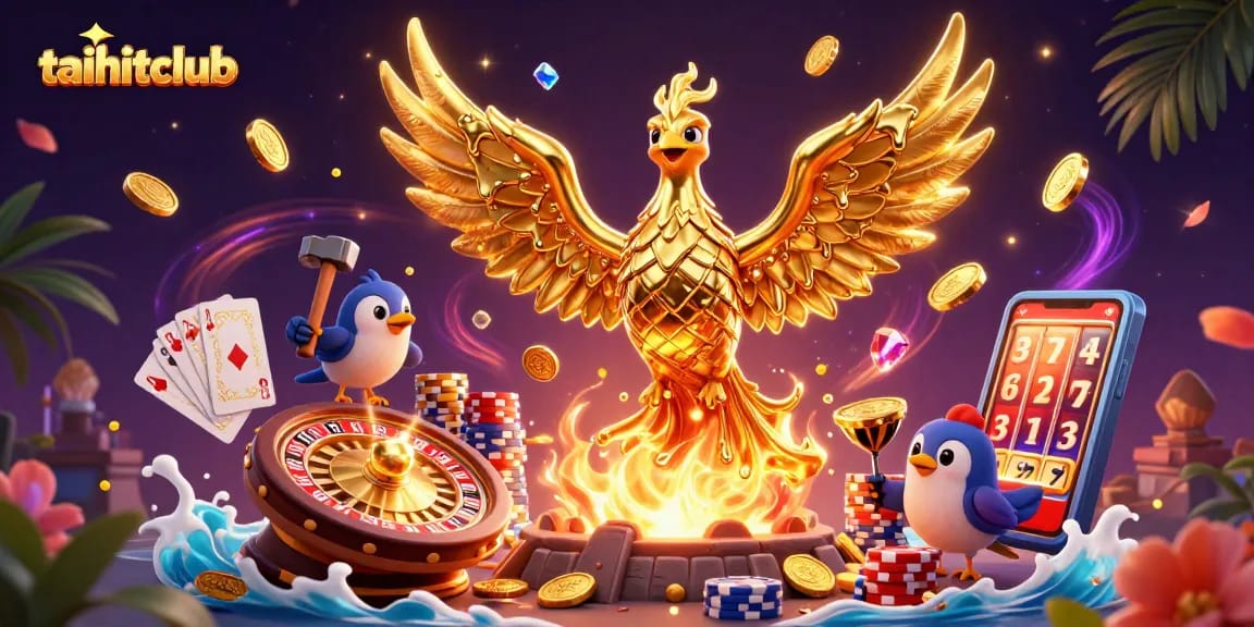 Engage with the taihitclub atmosphere featuring a golden phoenix and casino elements in 3D art.