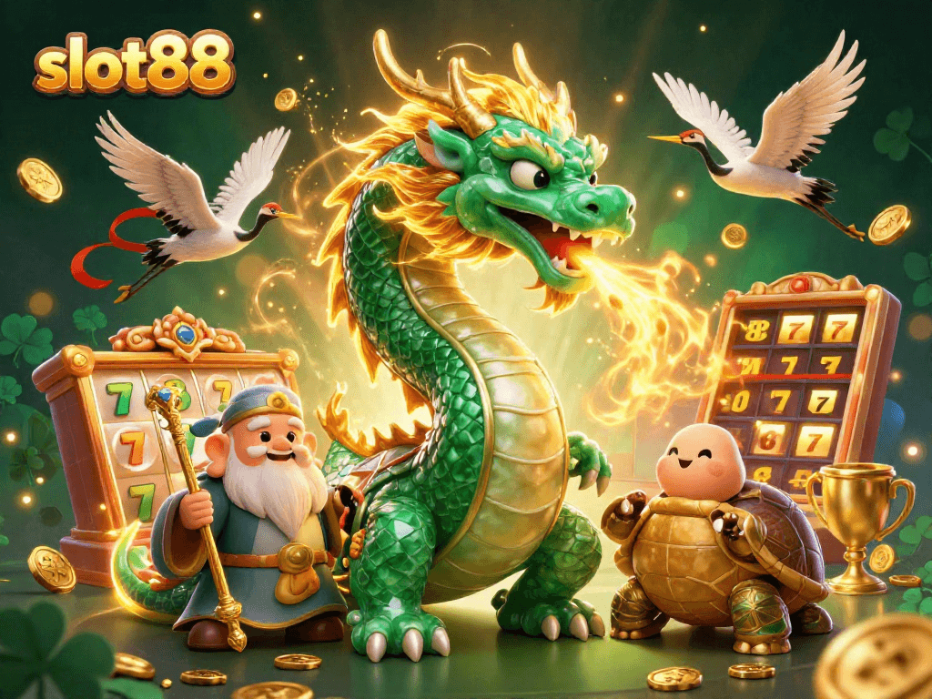 Experience thrilling wins at slot88 with an emerald dragon and wise turtle sage surrounded by luxury.