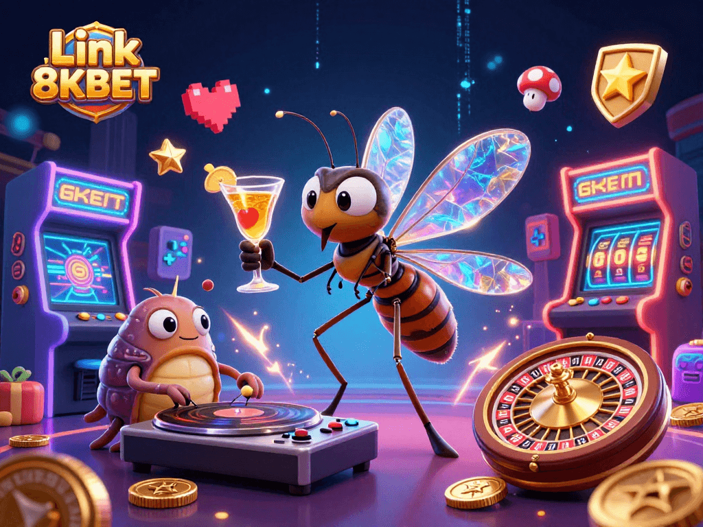 Experience the excitement of Link 8KBET with a lively casino scene featuring unique characters and game elements.