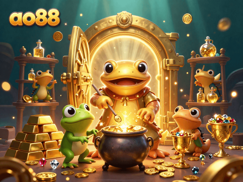 Win big with ao88 in a vibrant 3D casino scene depicting magical gold transformation and treasures.