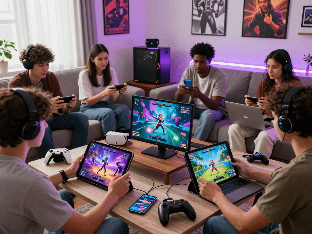 Players enjoying engaging porn games on various devices in a cozy living room.