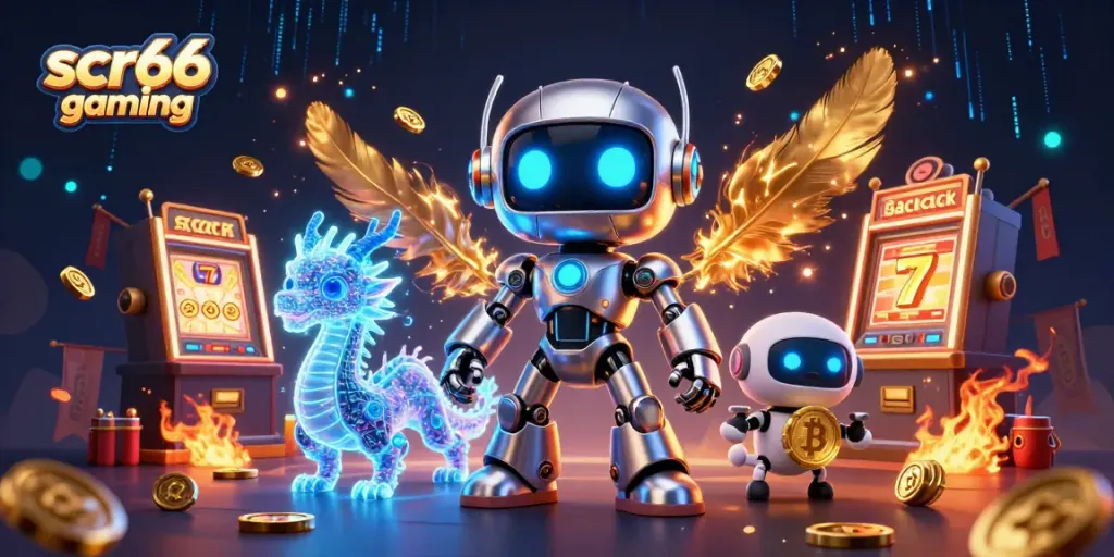 Experience the thrill of scr66 gaming with a cyberpunk robot, AI dragon, and drone spinning golden coins.