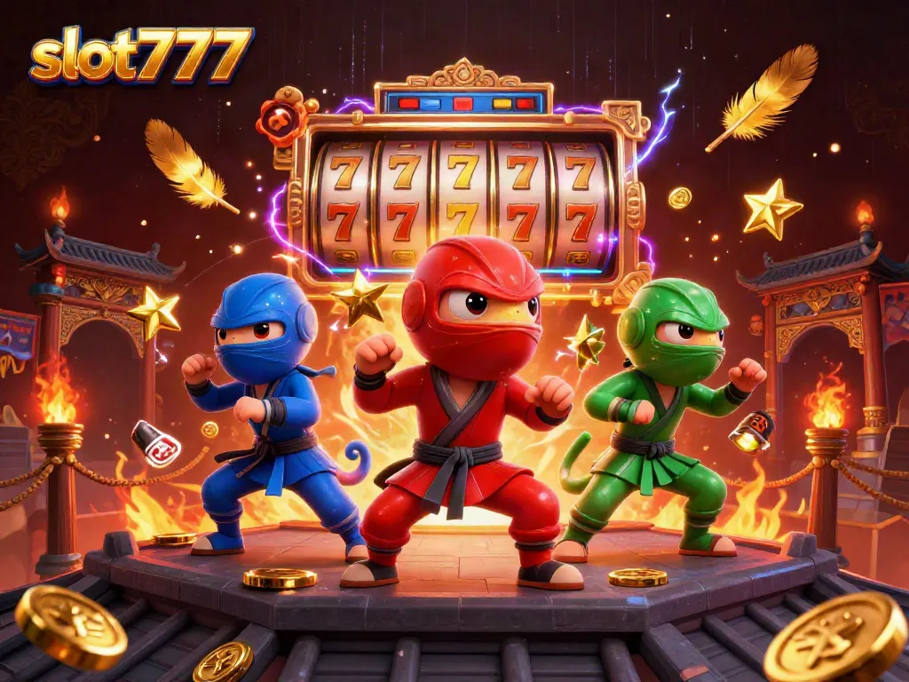 Engage with slot777 as colorful chameleons showcase synchronized martial arts amidst dynamic slot elements.