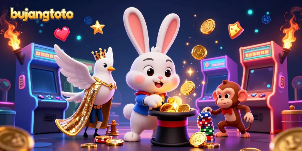 Experience the magic of bujangtoto with a cartoon rabbit pulling coins amidst vibrant casino elements.