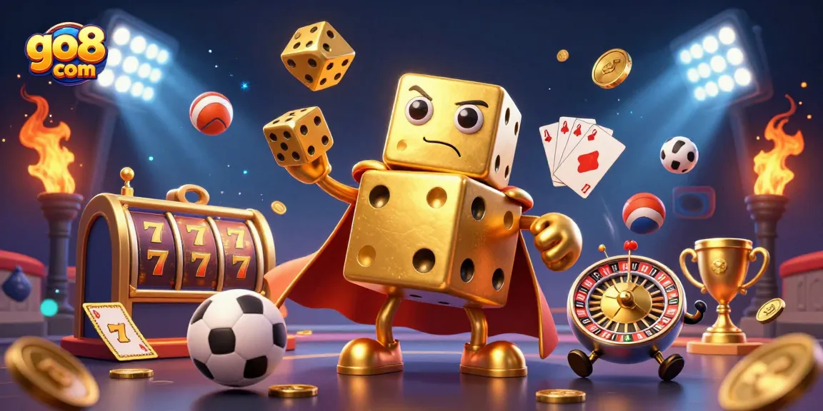 Experience the excitement of go8 com with a dynamic illustration of gaming elements and characters.
