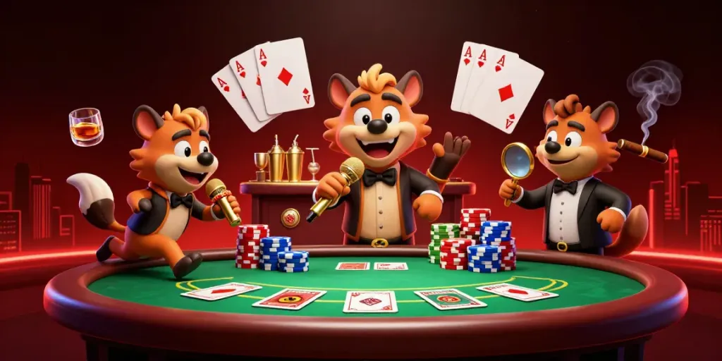Experience the vibrant qqmacan comedy casino scene with hyenas entertaining and mixing drinks.
