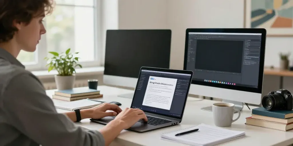 Writer using an AI blog post generator in Italian at a modern content studio desk.
