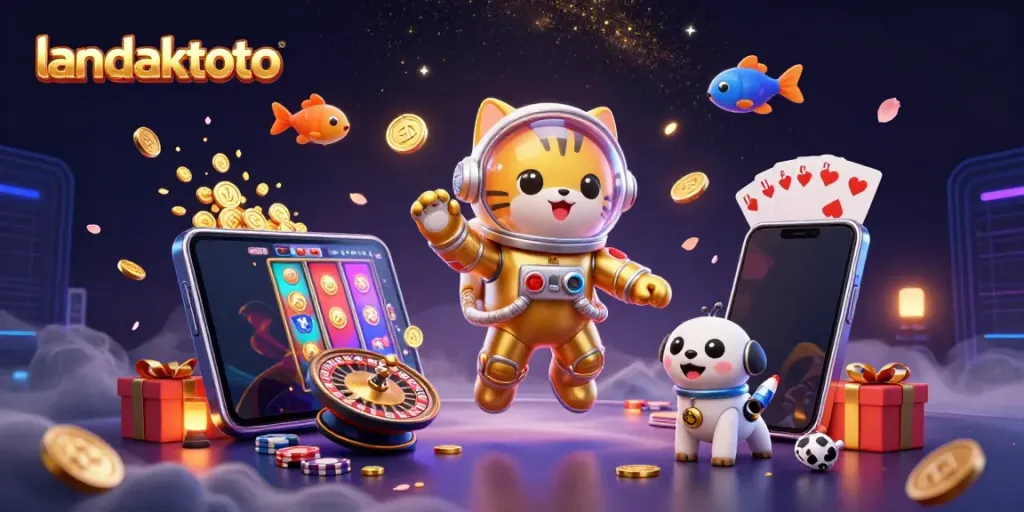 Permainan menarik landaktoto dengan kucing astronaut dan anjing robot di ruang angkasa.