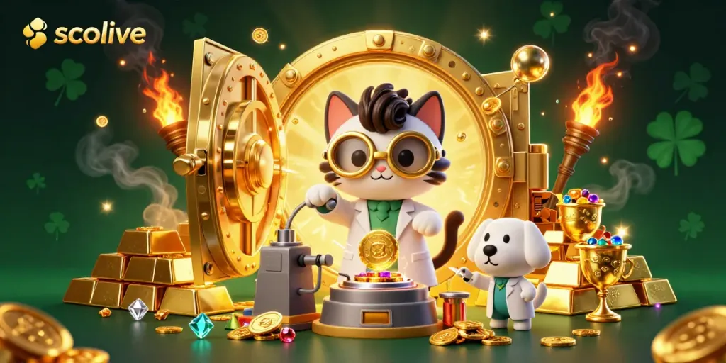 Socolive showcases a lively scene with cartoon characters in a casino-themed laboratory producing sparkling riches.
