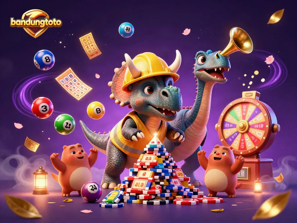 Join the fun with bandungtoto as a triceratops builds poker chip towers amidst vibrant gambling elements.