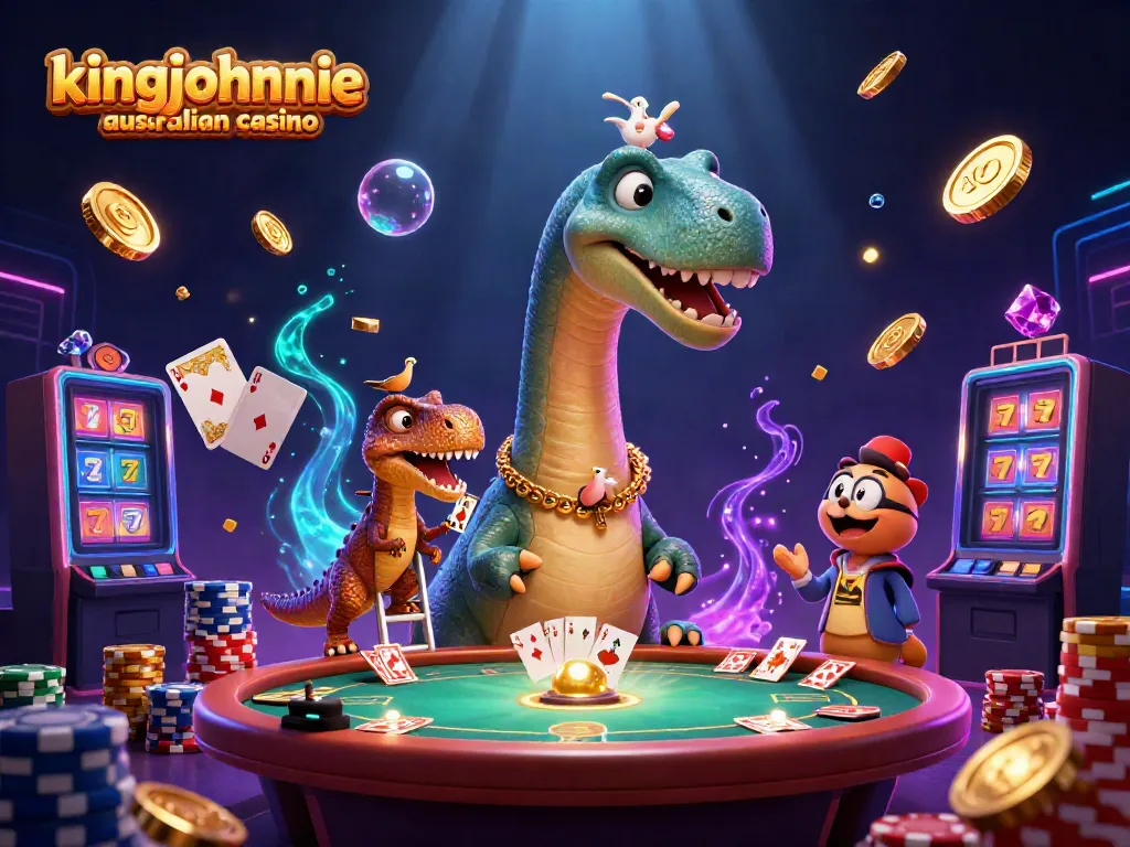 Experience the fun at kingjohnnie australian casino with a towering brontosaurus and a raptor dealer amidst flying coins.