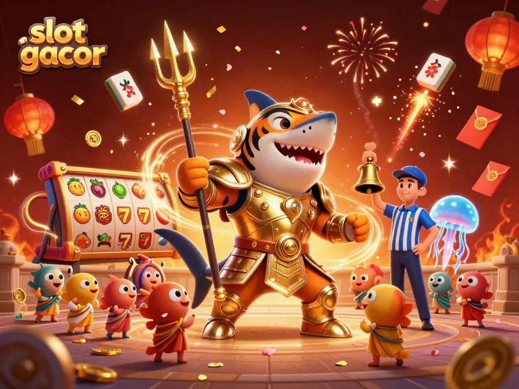 Experience excitement with slot gacor as a tiger shark gladiator in a vibrant underwater casino scene.