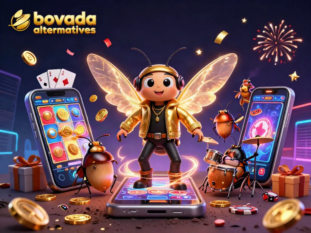 Bovada alternatives come to life as a cicada rock star and band play amidst casino games.