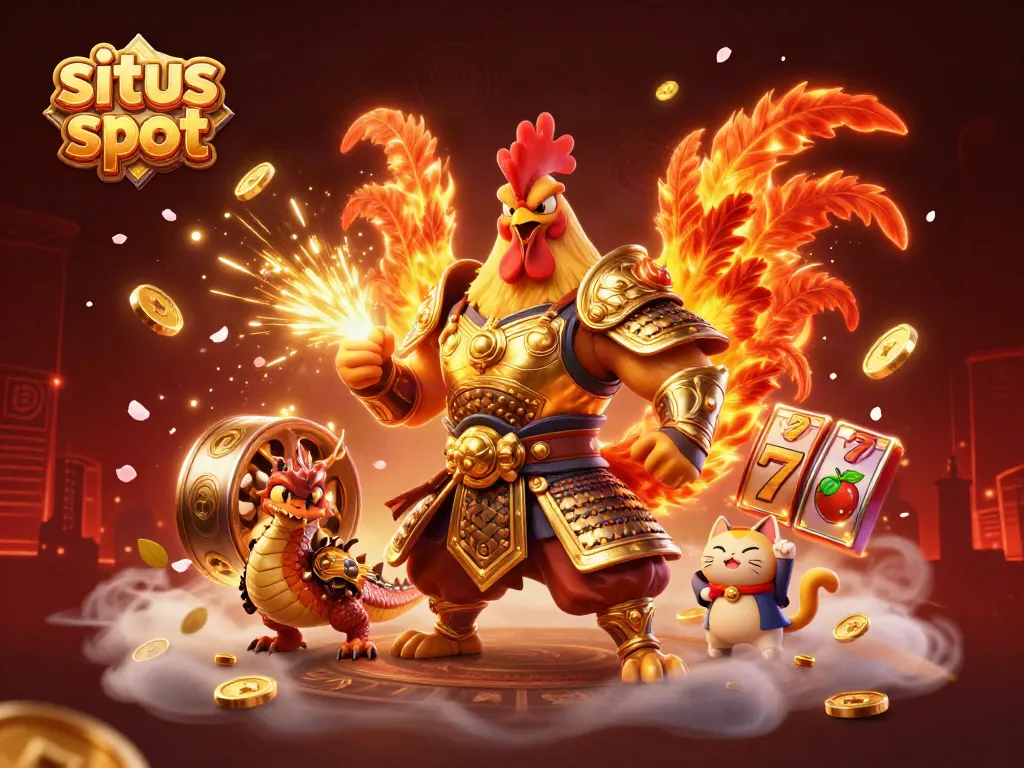 Engage in situs slot excitement with a dynamic scene of a fighting rooster and dragon amidst slot reels and sparkling treasures.