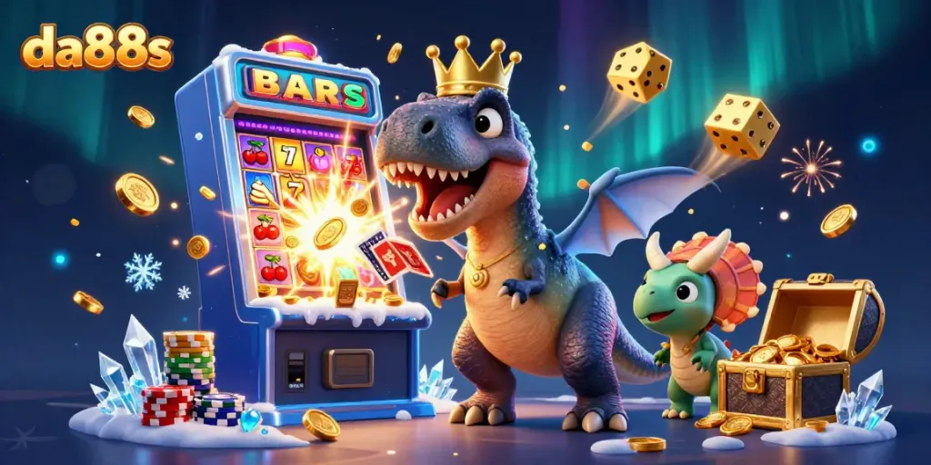 Experience thrilling casino action with da88s as a T-Rex shuffles cards beside a Pterodactyl and Triceratops.
