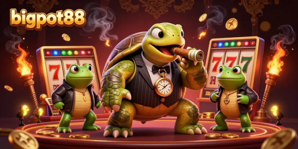 Experience the excitement of bigpot88 with a massive turtle in casino gear among vibrant slot reels.