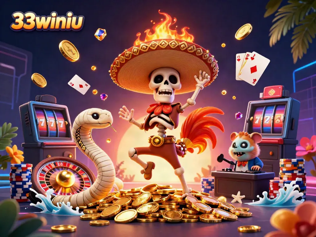 Experience the vibrant energy of 33winiu's casino with a lively scene of animated characters and casino elements.