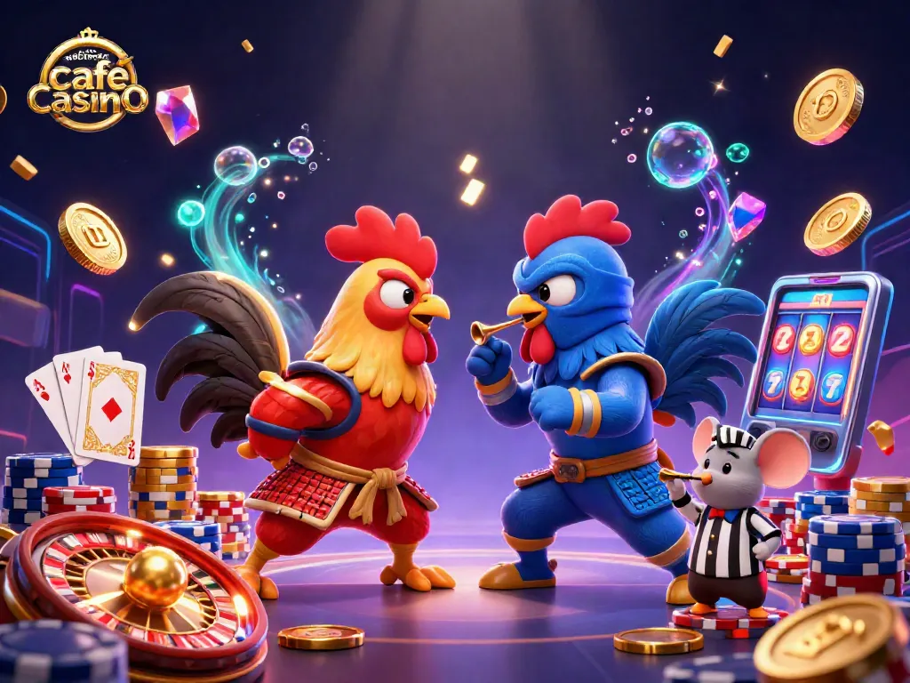 Experience thrilling action with websites like cafe casino featuring cartoon roosters in battle amidst casino elements.
