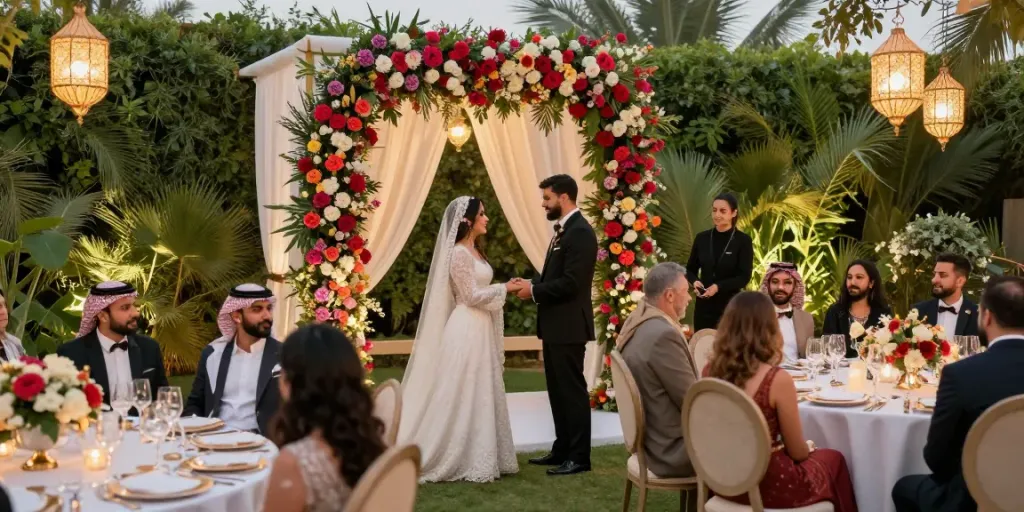 Event rental ksa showcased through a beautiful outdoor wedding setup with elegant decor and vibrant flowers.