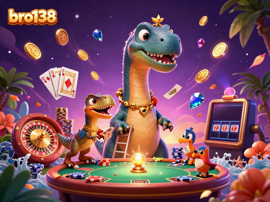 bro138 features an animated brontosaurus overseeing an exciting casino scene with vibrant gaming elements.