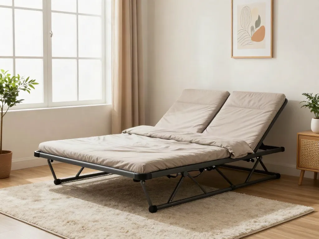 Stylish folding bed in a cozy bedroom setting, highlighting its versatility and modern design.