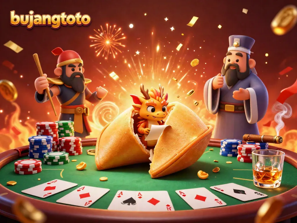 Experience the excitement of bujangtoto with a dynamic 3D illustration of a golden fortune cookie and poker elements.
