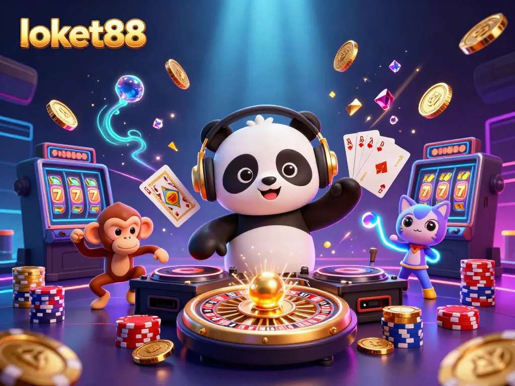 Experience the vibrant world of loket88 with a DJ panda and lively casino elements in a colorful scene.