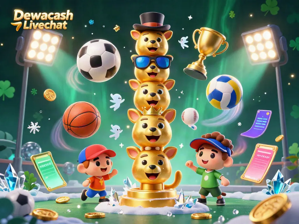 Dewacash Livechat features colorful casino-themed totem pole surrounded by dynamic sports elements and rich details.