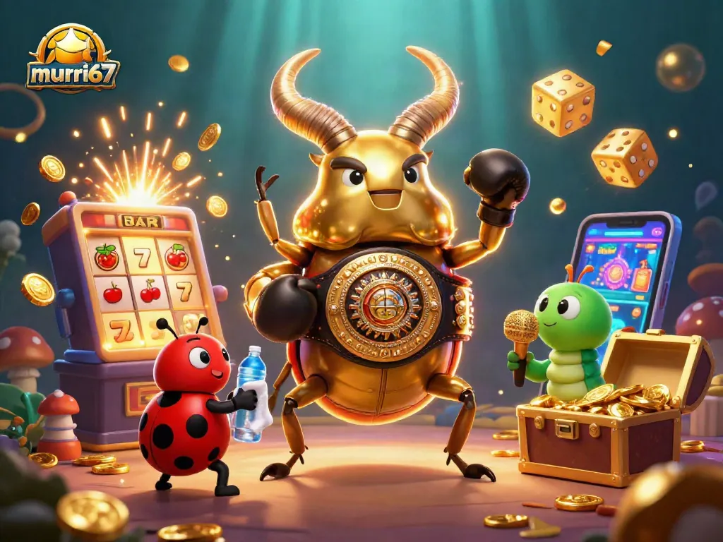 Experience thrilling jackpots with murai67's casino adventure featuring a golden stag beetle and vibrant slot elements.