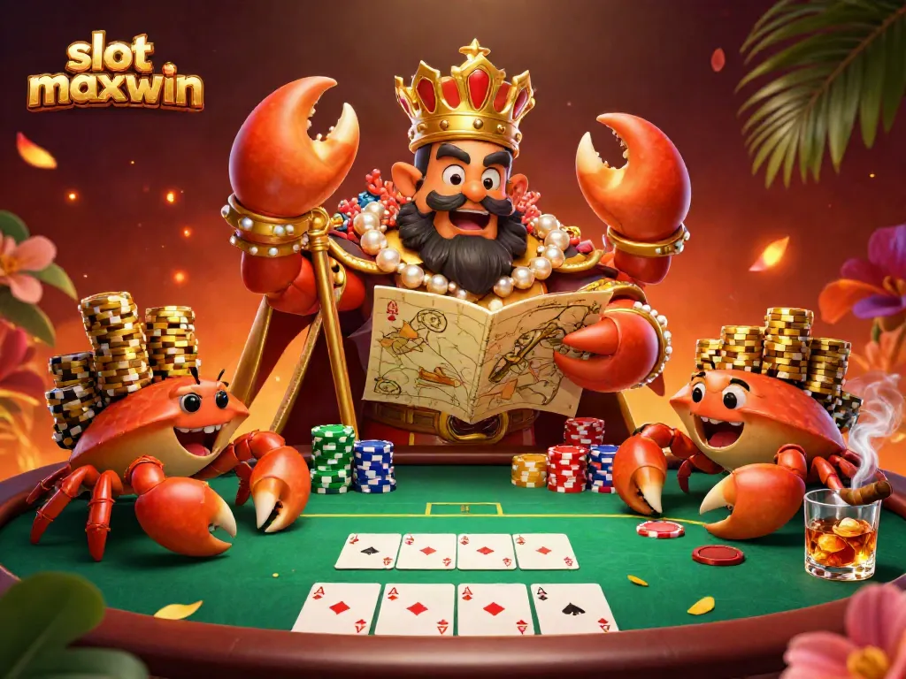 Experience the excitement of slot maxwin in this vibrant 3D illustration featuring a golden crab emperor amidst a lively poker scene.
