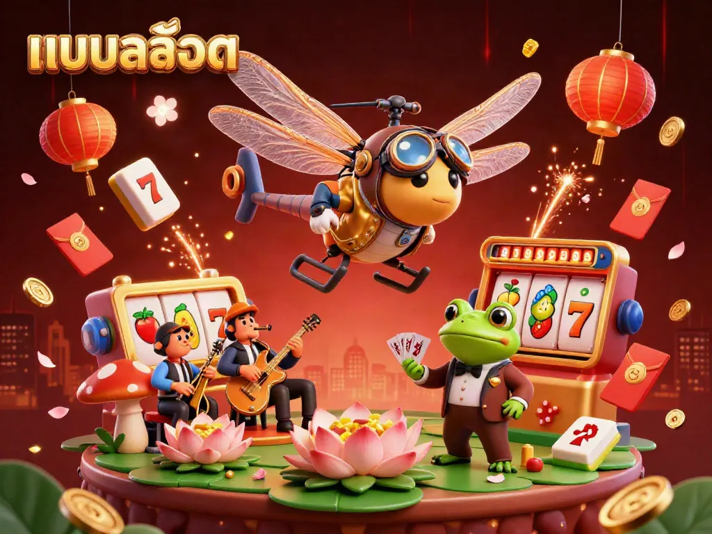 Experience แบบสล็อต excitement with a cartoon dragonfly pilot and vibrant gambling elements!