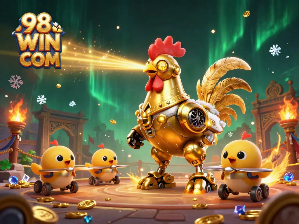 Experience thrilling gameplay at 98 WIN COM with a dynamic scene of a laser-shooting rooster and baby chick drones.