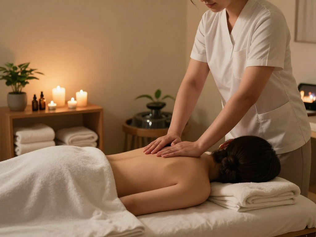 신림출장안마 massage therapy in a serene home spa setting with calming ambiance and professional masseuse.