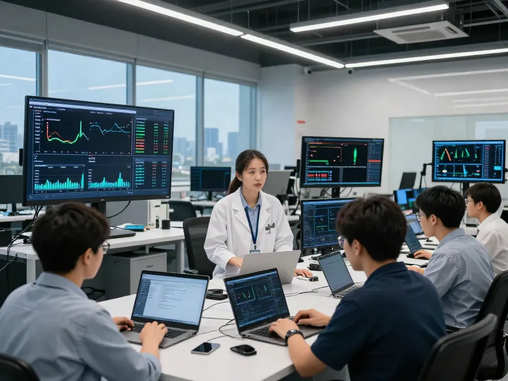 Engineers analyzing GPU performance data to understand what are AI tokens in a modern tech facility.