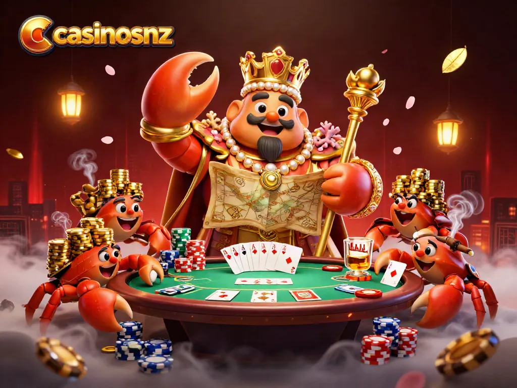 Experience thrilling adventures at casinosnz with a vibrant, animated crab emperor leading the way to poker glory!