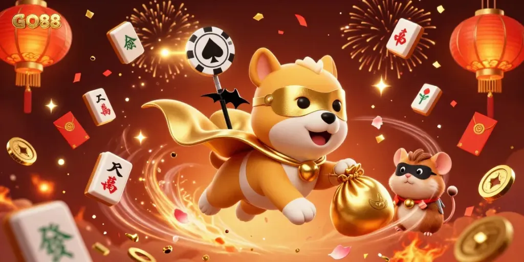 Experience GO88's exciting adventures with a superhero dog and vibrant casino elements in this animated illustration.